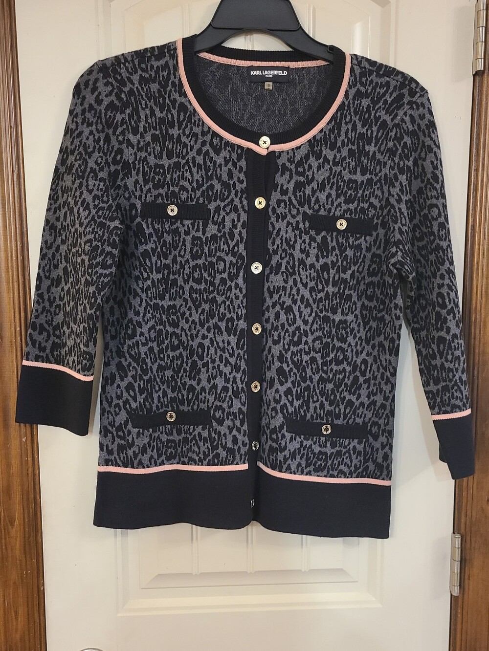 Karl Lagerfeld Black & Gray Leopard-Print Cardigan with Pink Trim Size M